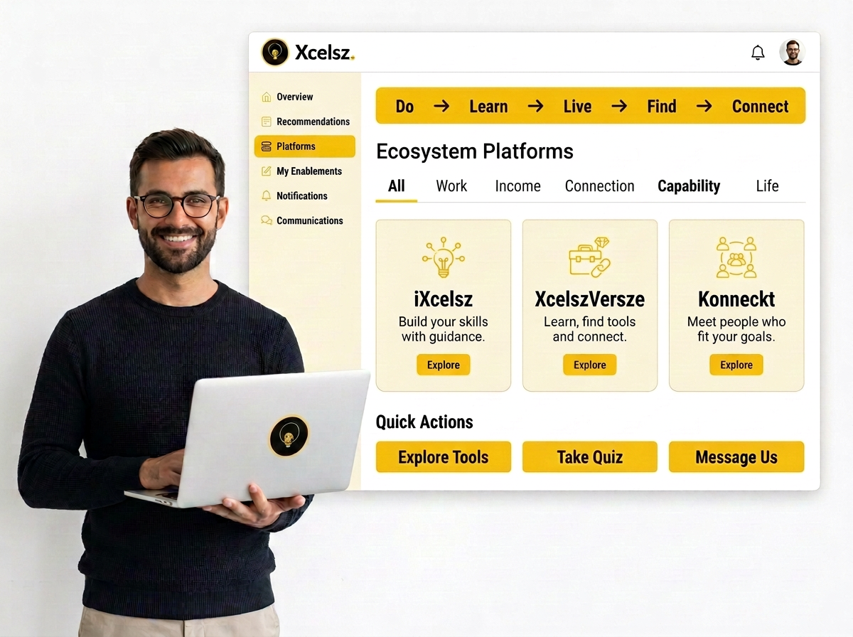 Xcelsz Ecosystem Platforms featuring iXcelsz, XcelszVersze and Konneckt, with Explore Tools under Quick Actions and Do, Learn, Live, Find, Connect progression.